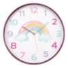 Pemberly Row 18" Round Juvenile Wall Clock, Rainbow Print Face, Pink Frame, Glass Surface, Non-Ticking Quartz Movement, Easy-to-Read Numeric Display, Durable Plastic, Kid's Bedroom or Playroom Decor