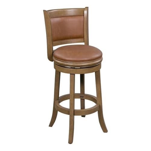 Pemberly Row 26 Inch Swivel Counter Height Chair, Solid Rubberwood Frame, Caramel Brown Faux Leather, Foam Cushioned Seat, Distressed Sandrift Brown Finish, Flared Design Legs, Kitchen Island or