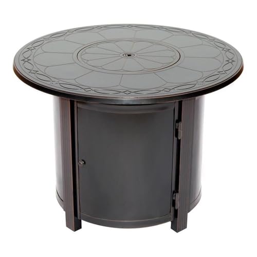 Pemberly Row 34" Round Aluminum Gas Fire Pit Chat Table, Topaz Gray Finish, 37,000 BTU Output, Weather-Resistant Outdoor Table with Stainless Steel Burner, Clear Fire Glass, Multi-Function Aluminum