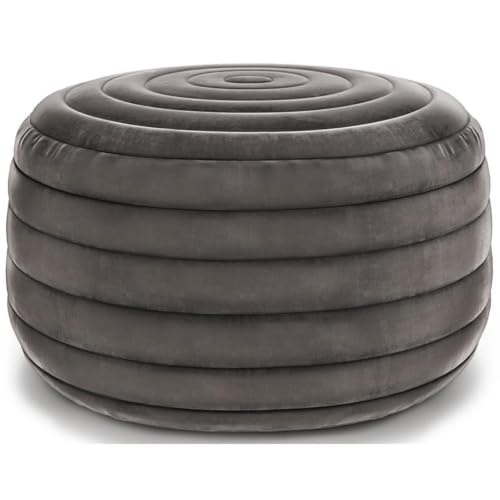 Pemberly Row Boho Round Pouf Ottoman, Gray Velvet Fabric, 20 x 20 x 14 in, Polystyrene Filling, Stitching Detail, Lightweight Seating or Accent for Living Room or Bedroom Decor