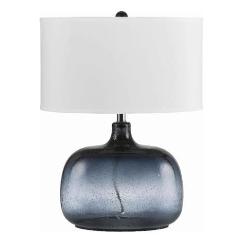 Pemberly Row Glass Table Lamp, 150W Bubble Design, Blue and White Finish, Fabric Drum Shade, 3-Way Switch, 6 ft Cord, Coastal Nautical Style, Bedroom Living Room Office Lighting