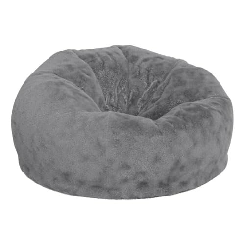 Pemberly Row Oversized Gray Furry Bean Bag Chair, 42"x42"x19", Cotton Twill Upholstery, Lightweight Refillable Polyester Beads, Machine Washable Slipcover, Modern Floor Seating for All Ages