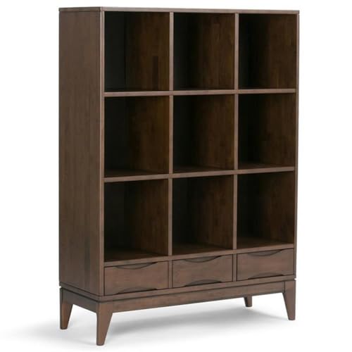Pemberly Row Solid Hardwood Cube Storage Bookcase, 58" H x 42" W, Dark Walnut Brown Finish, 3 Drawers and 9 Compartments, Mid-Century Modern Style for Living Room, Office, or Bedroom