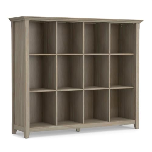 Pemberly Row Transitional Wood 12-Cube Storage Organizer, Distressed Gray Finish, 48" H x 57" W x 15.75" D, Sturdy Design with Tapered Legs, Grooved Sides, and Crown Top for Living Room, Bedroom, or