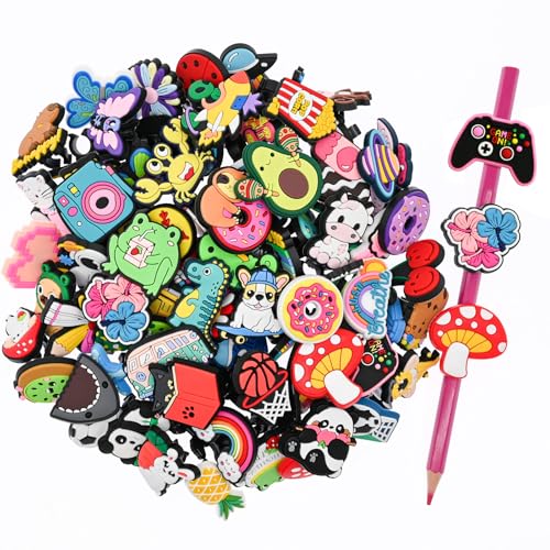 Pencil Topper Decoration, 60 PCS Cute Pencil Topper Erasers Decoration,Kawaii Pen Straw Clips Decor Accessories,Pencil-Top Charms