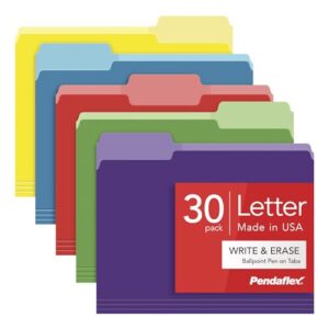 Pendaflex Colored File Folders, 30 Pack, Letter Size (8.5" x 11"), Erase Ballpoint Pen from Tabs, 3 Tabs, 5 Colors: Green, Yellow, Red, Blue, Purple, Office, Classroom & Home Document Organization