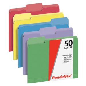 Pendaflex Heavy Duty File Folders, 50 Pack, Letter Size (8.5" x 11"), 3 Tabs, Extra Durable Paper, 5 Assorted Colors, Color-Coding for School, Office & Home Document Organization