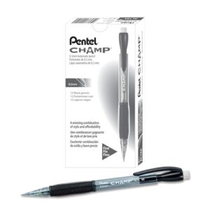 Pentel Champ Mechanical Pencil, (0.5mm) Lead Size, Black Barrel, Box of 12 (AL15A)