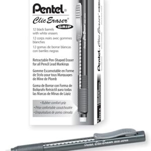 Pentel Clic Eraser Grip, Retractable Eraser, Black Barrel, Box of 12 (ZE22A)