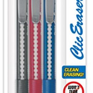 Pentel Clic Retractable Eraser with Grip, Assorted Barrel Colors (ZE21BP3M) (Pack of 3)