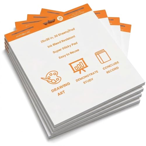Performore Sticky Easel Flip Chart Pad, 4 Pack 25" x 30" Self Adhesive Flip Chart Paper, Bleed Resistant Large Sticky Notes, Portable Stick On Whiteboard Sheets for Office, Classroom, Meetings & Training