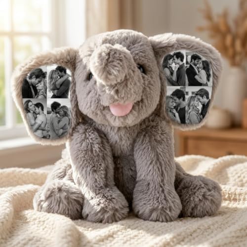 Personalized Elephant Stuffed Animal Pillows - Custom Photo & Birth Stats Announcement Elephant Pillow, Customized Elephants Plush for Boys & Girls Unique Newborn Gifts for New Dad Mom (Style 2)