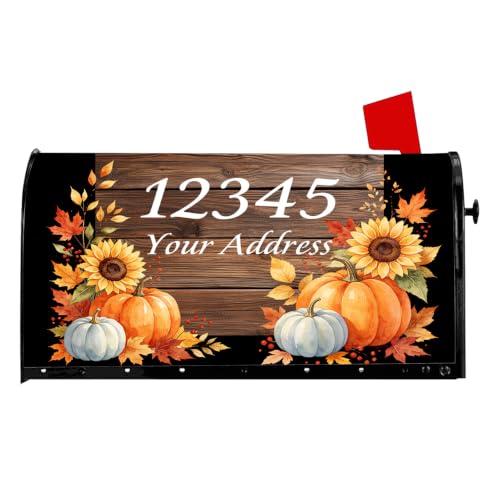 Personalized Fall Mailbox Covers Magnetic Large Size Custom Text, Rustic Wood Grain Pumpkin Mail Box Wrap, Thanksgiving Autumn Leaves Sunflower Family House Street Number Outside Yard Decor, 18x22
