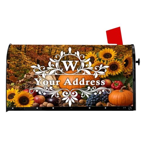Personalized Fall Mailbox Covers Magnetic Standard Size Custom with House Street Number, Autumn Pumpkin Sunflower Mail Box Wrap Decor, Thanksgiving Monogram Family Holiday Outside Garden, 18x22