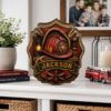 Personalized Firefighter Wooden Block, Custom Name Fire Department Badge Sign, Layered 3D Wood Desk and Shelf Decor, Firefighter Gift for Dad, Maltese Cross Display, Wooden Block Decor