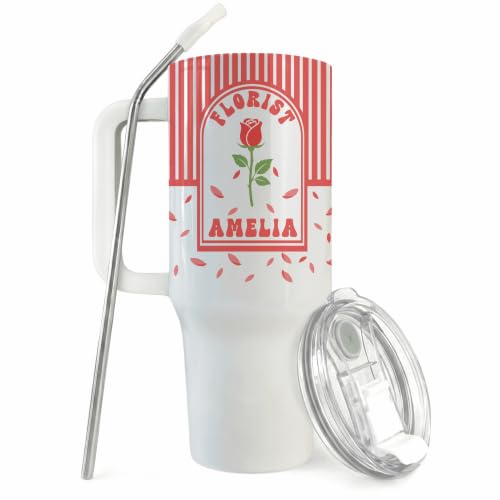 Personalized Floral Designer 40oz Travel Tumbler with Handle - Red - Custom Name Rose Graphic Cup, Romantic Valentine Florist Appreciation Gift, Nature Lover Insulated Travel Mug, Botanist Keepsake
