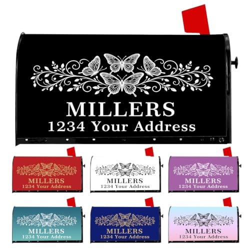 Personalized Mailbox Covers Magnetic Standard Size, Custom Butterfly Family Name House Address Number Mail Box Cover, Floral Vine Outdoor Post Wrap for Garden Yard Decor, 21x18 Inch