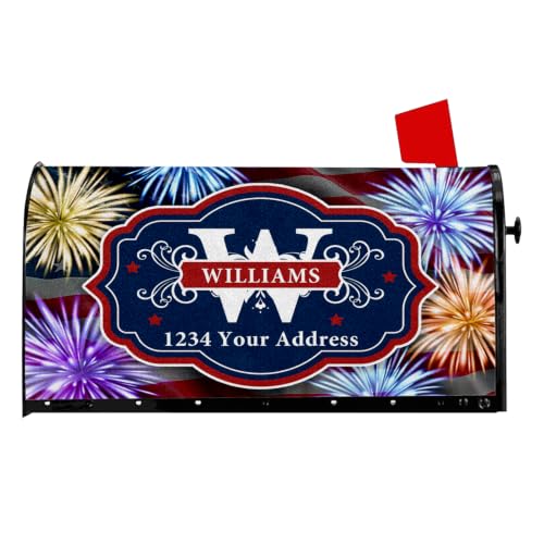 Personalized Mailbox Covers Magnetic Standard Size, Custom Monogram Family Name Street Address Fireworks Mailbox Cover, Patriotic American Flag Post Box Wrap Decor, 18 x 22 Inch