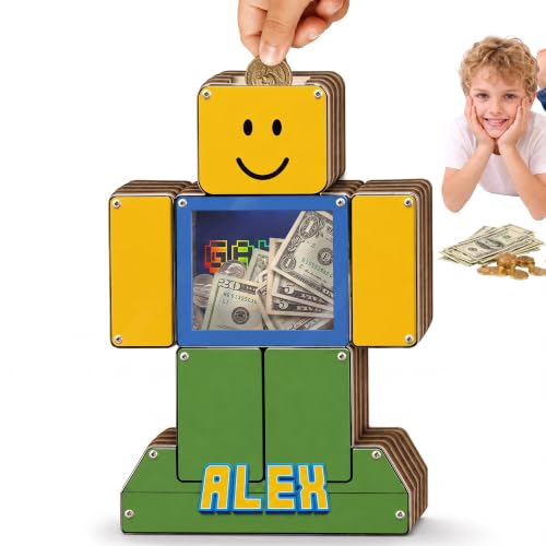 Personalized Piggy Banks for Kids - Block Game Themed - Custom Large Money Saving Challenge Box for Boys & Girls with Name, Clear Wooden & Acrylic Educational Coin Banks Gifts, Alcancias de Dinero
