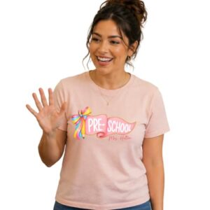 Personalized Preschool Teacher Shirt with Custom Name Cute Pre-k Tee Back to School Outfit Teacher Appreciation Gift for Women Matching Group T-Shirt Multicolor