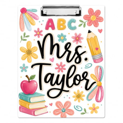 Personalized Teacher Clipboard with Name, Custom Acrylic Clipboard, Floral ABC Design, Elementary Kindergarten Teacher Appreciation Gift, Classroom Decor, Back to School First Day Gift
