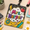 Personalized Teacher ID Badge Holder, Custom School Staff Lanyard with Composition Notebook, Lightning Bolt, Daisy & Colorful Lettering, Back to School Gift, Name Card Holder, Gift for Teacher
