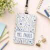 Personalized Teacher ID Badge Holder, Custom School Staff Lanyard with Blue Botanical Flower Pattern, Back to School Gift, Name Card Holder, Gift for Teacher