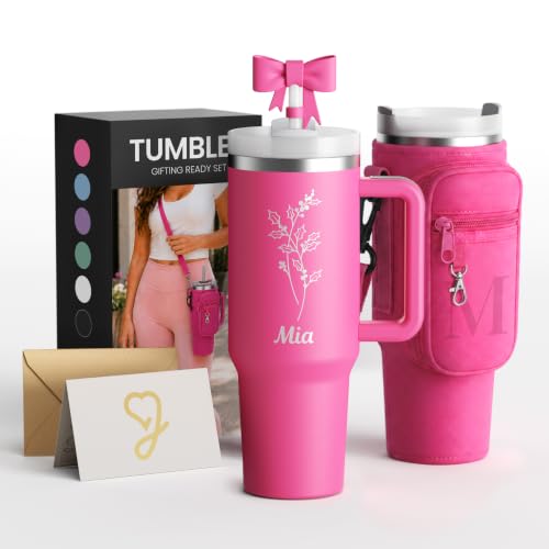 Personalized Tumbler 40 oz with Custom Name and Birth Flower, 6 Colors, Handle and Straw. Add a Custom Tumbler Carrying Holder with Adjustable Strap, Straw Bow Topper, Gift for Teen Girls.
