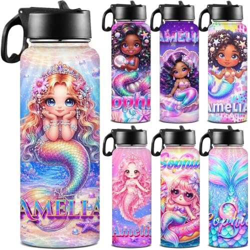 Personalized Water Bottles for School Custom Mermaid Thermos Water Bottle for Girls with Straw Lid Personalized Names Stainless Steel Double Wall Insulated Sports Cup for Kids Style 14