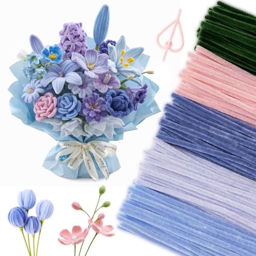 Peryiter 500 Pcs Pipe Cleaners for DIY Flower Bouquets, Chenille Stems for Graduation Bouquet Crafts, Fuzzy Sticks for Handmade Flowers, DIY Gift, Art Projects(Blue & Pink & Green,12 Inch)