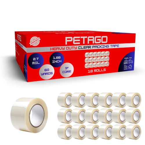 PETAGO Heavy Duty Packing Tape 18 Rolls, 2.7 Mil Thick Clear Shipping Tape, 1.88 Inch x 60 Yards per Roll, Strong Adhesive Moving Tape for Boxes, Packaging, Storage and Office Use