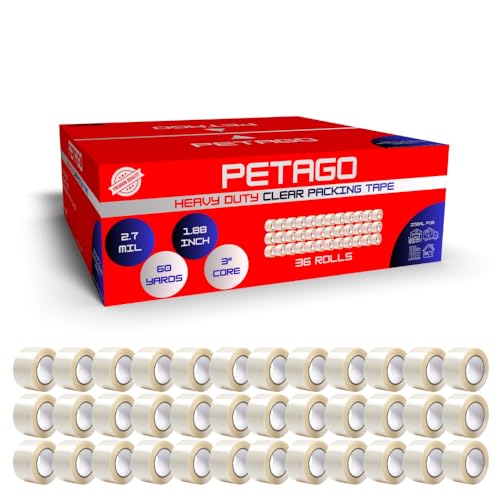 PETAGO Heavy Duty Packing Tape 36 Rolls, 2.7 Mil Thick, Clear Shipping Tape, 1.88 Inch x 60 Yards per Roll, Strong Adhesive Moving Tape for Boxes, Packaging, Storage and Office Use