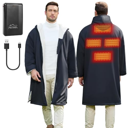 PETREL 12V Heated Parka with Battery,Heated Hooded Changing Robe Poncho,15000mah Oversized Wearable Heated Blanket,Recycled Fabric Sherpa Lined Heated Jacket 3 Heat set for Car,Camping,Swimming,Indoor