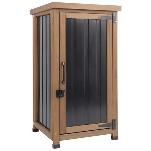 PetsCosset Small Outdoor Storage Cabinet Waterproof with Metal Top, Wood & Metal Outside Potting Bench Table Tool Organizer with Adjustable Shelf for Patio Backyard Garden