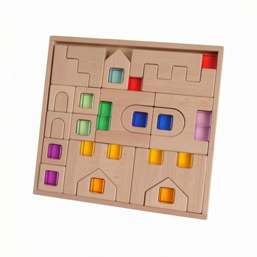 PETSOLA Wooden Castle Arch Building Blocks Set Puzzle Base Rounded Edges Wooden Block Puzzle Cutout Shapes Sensory Learning Toy for Children, Beechwood Castle with 19 High-Transparency Acrylic Pieces