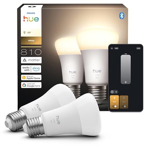 Philips Hue Smart LED A60 Lamp, Warm White Light 2700K, LED Bulb with E27 Socket, 7W, 810 Lumens, Dimmable, Smart Light Compatible with Alexa, Google Assistant and Apple Home, Pack of 2