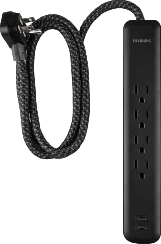 Philips Surge Protector Power Strip with USB Ports, 4 Ft Braided Extension Cord, 450 Joules, 4 Outlet Extender, 2-USB-C, Flat Plug, Home Office Dorm Essentials, Black, SPP6285B/37