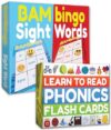 Phonics Flash Cards - Learn to Read in 20 Phonic Stages - Digraphs CVC Blends Long Vowel Sounds - Phonics Games for Kids Ages 4-8 and Sight Word Bingo Game Level 1 and Level 2 - Learn Vocabulary.