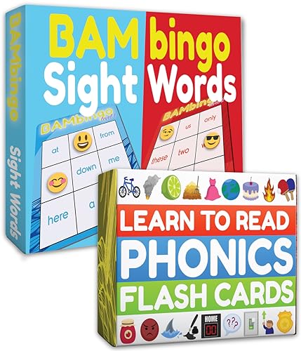 Phonics Flash Cards - Learn to Read in 20 Phonic Stages - Digraphs CVC Blends Long Vowel Sounds - Phonics Games for Kids Ages 4-8 and Sight Word Bingo Game Level 1 and Level 2 - Learn Vocabulary.