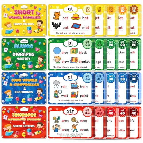 Phonics Flash Cards, Sight Words Flash Cards for Kindergarten, Learn to Read in 20 Phonic Stages, and Phonics Games for Kids Ages 4-8, Suitable for Kindergarten, First, and Second Grade