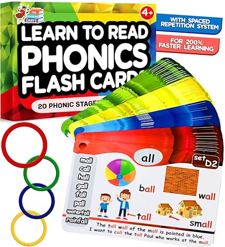 Phonics Flash Cards with Proven Spaced Repetition Learning System - Learn to Read in 20 Phonic Stages - Digraphs CVC Blends Long Vowel Sounds Phonics Games for Kids Ages 4-8 Kindergarten 1st 2nd Grade