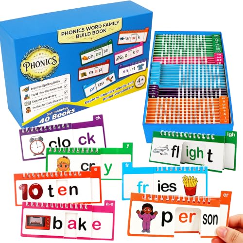 Phonics Flash Cards, Word Family Build Book with 40 Read and Rhyme Flip Books, Learn to Read Sight Words, Kindergarten Reading Games, Preschool Homeschool Educational Learning Activities