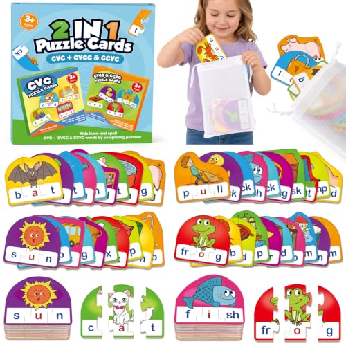 Phonics & Word Puzzle Cards for Kids 3+, 2 in 1 CVC & CVCC Reading and Spelling Games for Toddler, Back to School Supplies, Engaging Educational Tools for Kindergarten, Homeschool & Classroom