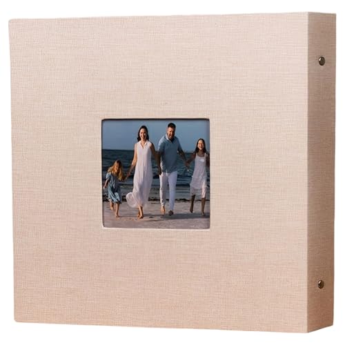 Photo Album, 16 in / 40.6 cm Beige Cloth Hardcover with Iron Clip Binding, DIY Adhesive Pages, Large Capacity 30 Sheets 60 Pages for Family Memories, Scrapbooking, Collectibles