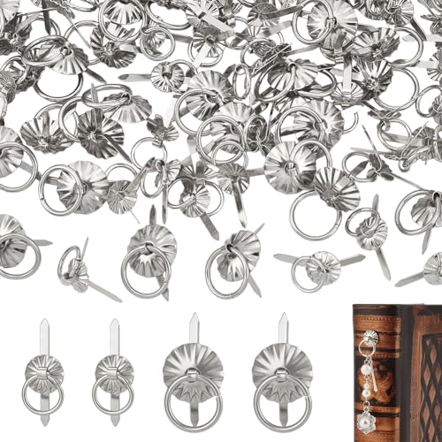 PH PandaHall 100pcs 2 Styles Metal Brad Fasteners with Pull Rings, Jewelry Drawer Pull Ring Brad Handles Journals Decorative Fasteners for Craft Paper Scrapbook Album Jewelry Box Drawers Decoration