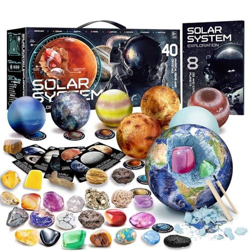 Piano Potato Gemstone Dig Kit, Solar System Project Kit, 8 Planet Toys with 40 Gemstones, Space Digging Toys with DIY Fridge Stickers, Learning Education Toy & Geology Kit for Kids Age 6-12