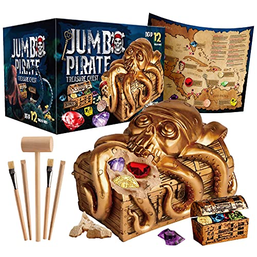 Piano Potato Jumbo Pirate Treasure Chest Dig Kit - Dig Up 12 Gems & Pirate Treasures, STEM Science Educational Toy Gifts for Boys, Girls & Kids Ages 6–12, Excavation Dig Party Favors