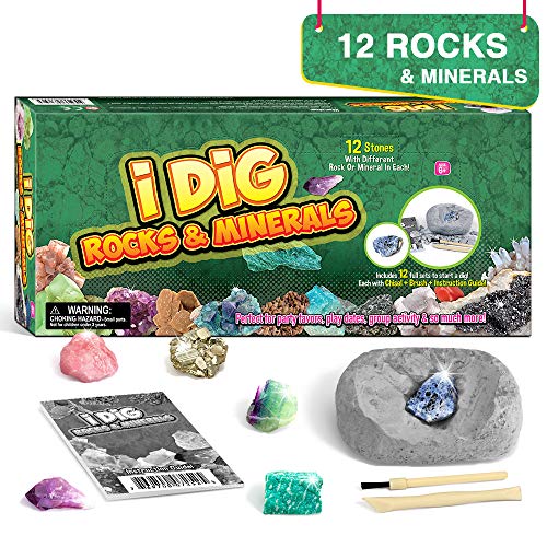 Piano Potato Rocks & Minerals Dig Kit - 12 Pack Real Gemstone Excavation Bricks, Crystals, Pyrite, Amethyst Archeology Digging Toys, STEM Educational Gift Box Party Favors for Kids Boys Girls Age 6+