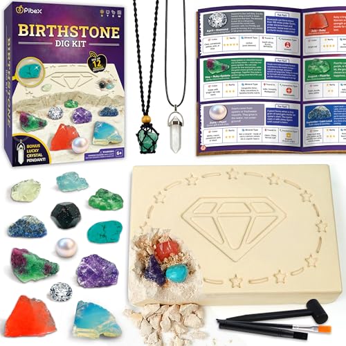 PIBEX Birthstone Dig Kit, Excavate 12 Real Gems & Crystals, DIY Gemstone Necklace & Bonus Pendant, STEM Educational Gemology Toy, Rock Geology Gifts for Boys & Girls 6-12