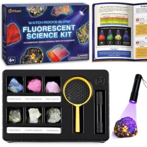 PIBEX Fluorescent Rock Science Kit with UV Flashlight - 6 Natural UV Glowing Rocks & Minerals Collection (~1.5" Each), Educational Geology Toy, Light-Up STEM Gifts for Kids Ages 6-12